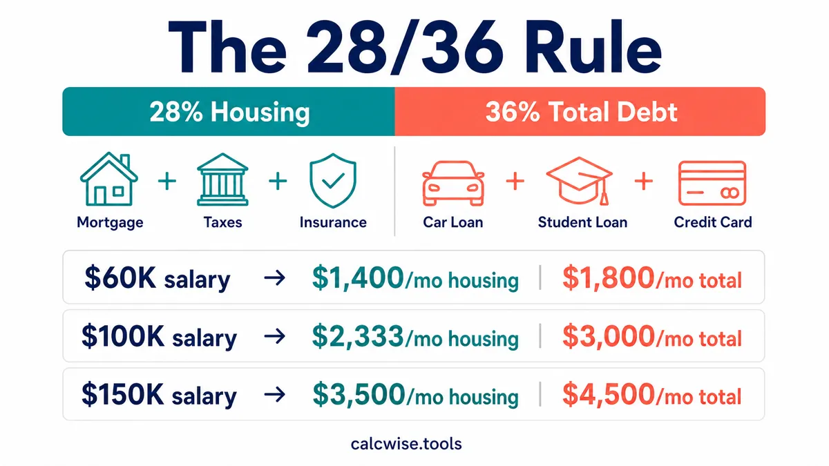 Infographic showing the 28/36 rule breakdown: how gross income translates to maximum monthly housing payment and total debt payment, with visual examples at different income levels