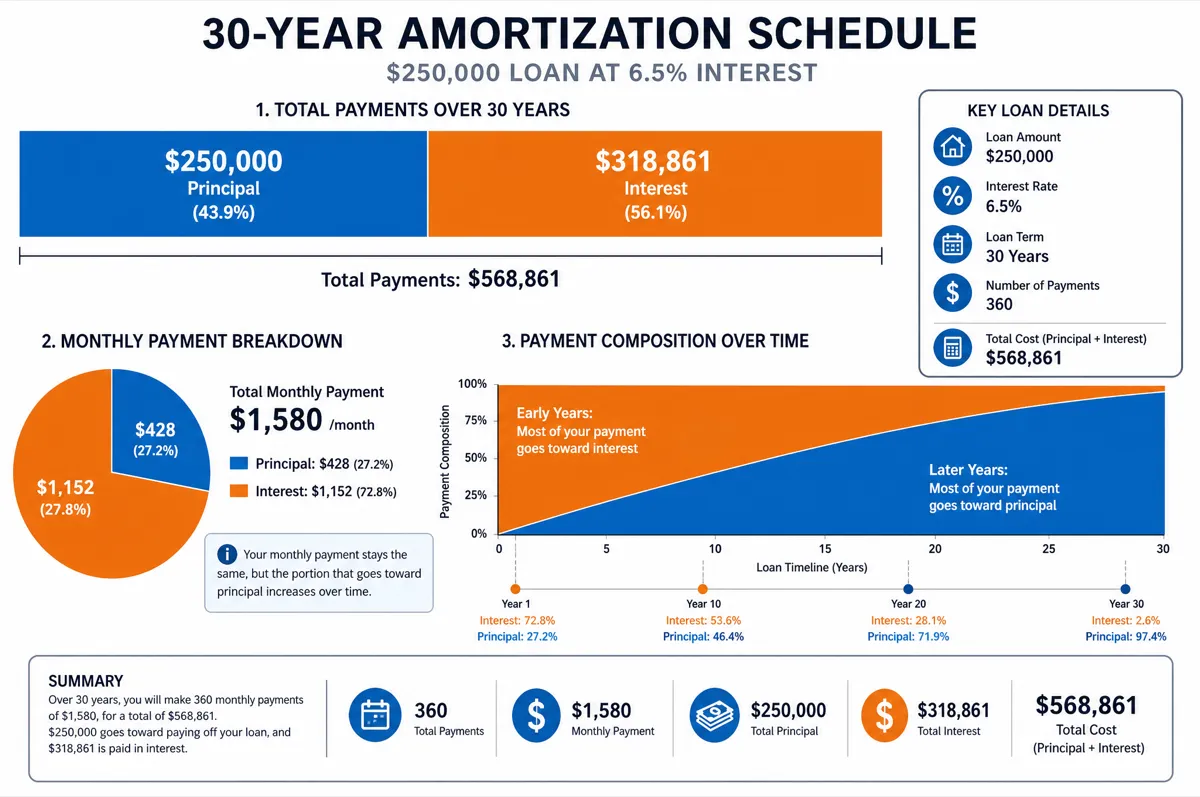 Amortization schedule infographic showing how a $250,000 loan at 6.5% breaks down into principal and interest over 30 years with monthly payment timeline
