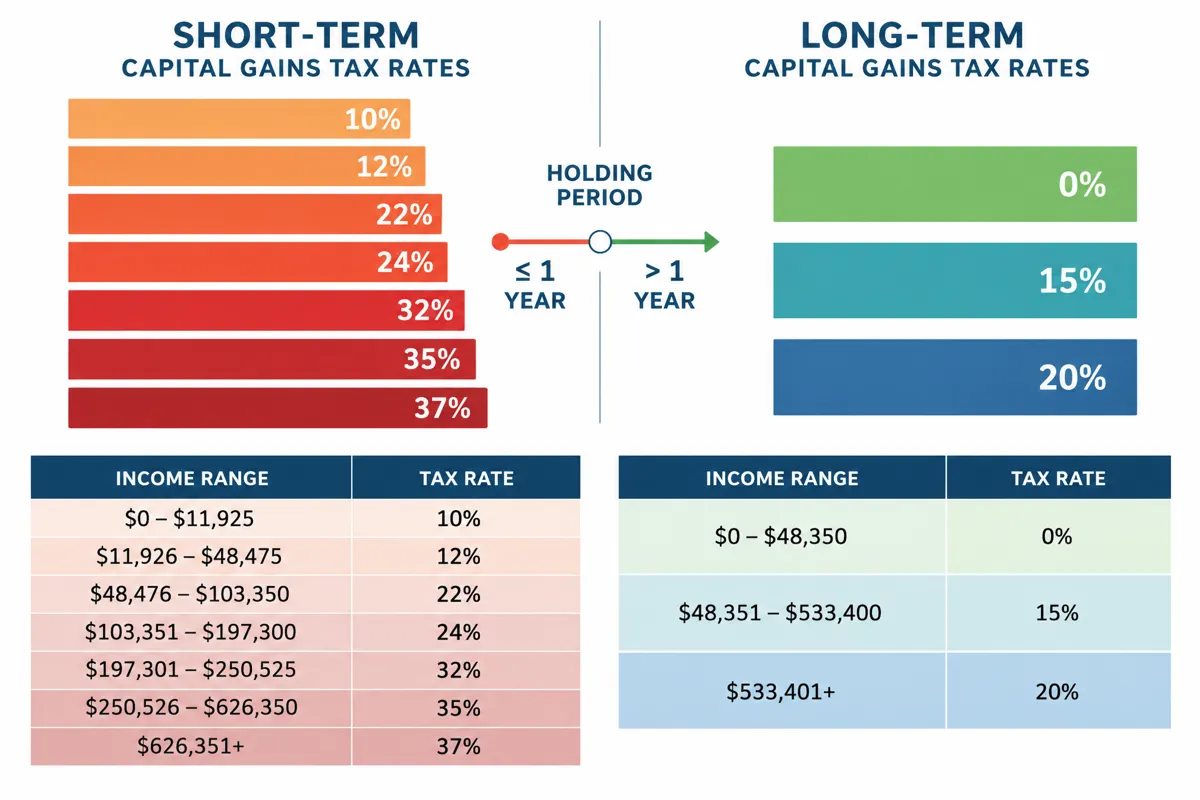 Capital gains tax rates comparison showing short-term rates from 10% to 37% and long-term rates of 0%, 15%, and 20% with income thresholds
