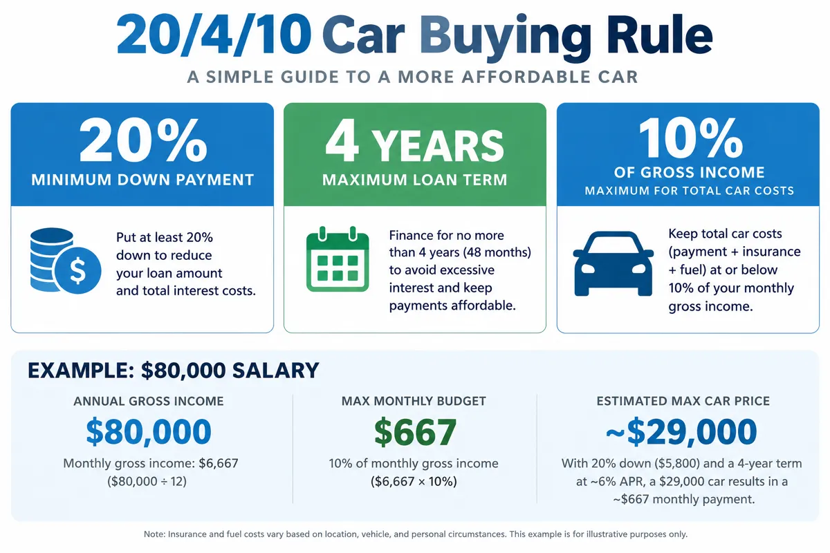 Infographic showing the 20/4/10 rule for car affordability with income-based vehicle budget recommendations