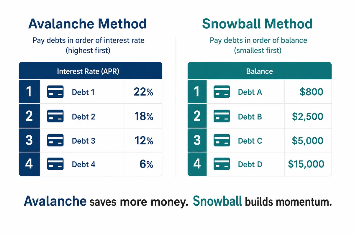 Infographic comparing Avalanche method (highest interest first) vs Snowball method (smallest balance first) for debt payoff