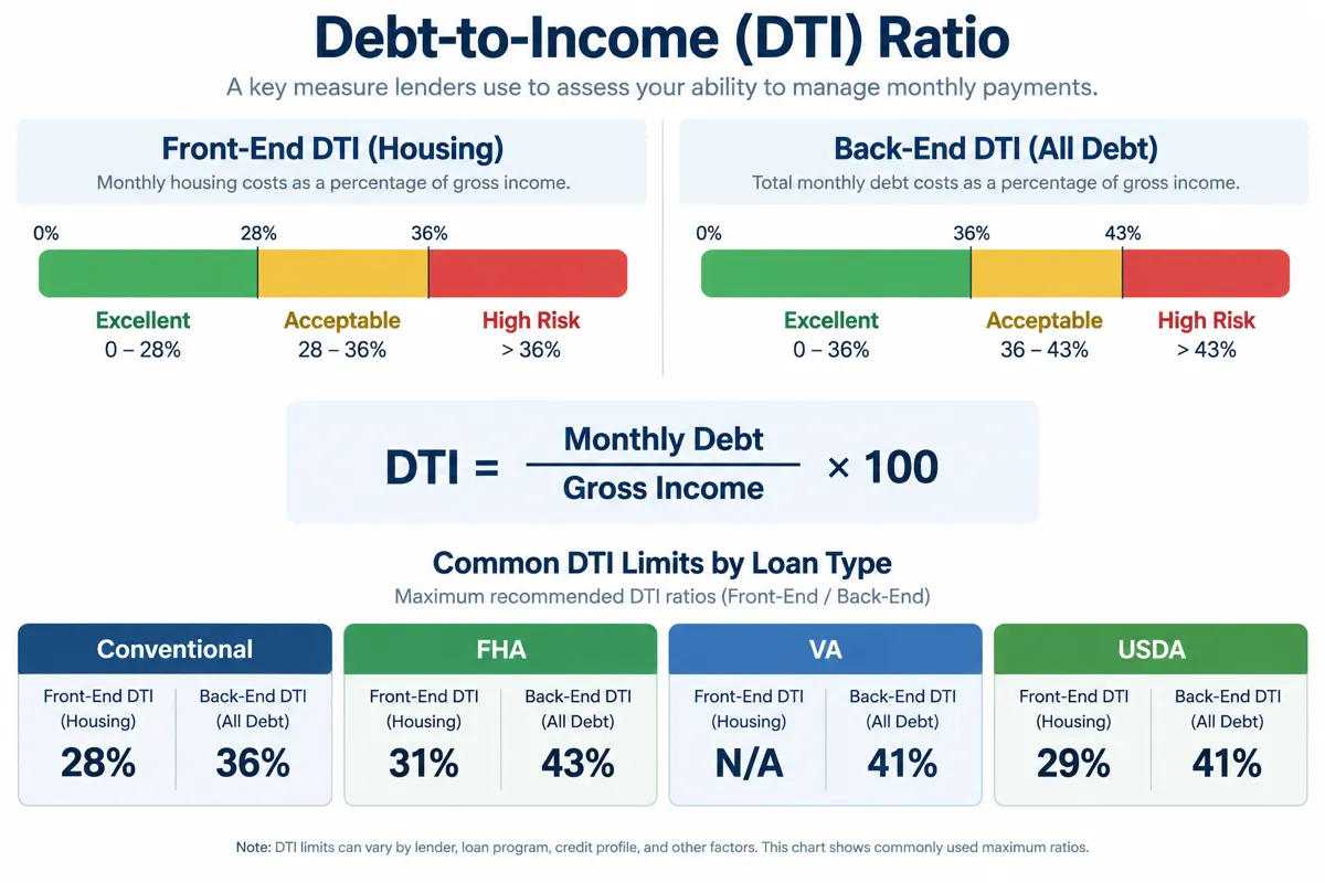Infographic showing front-end and back-end debt-to-income ratio thresholds used by mortgage lenders, with a scale from excellent to high risk