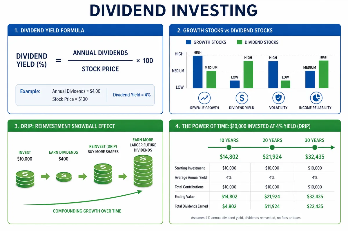Dividend investing infographic showing dividend yield formula, growth stocks vs dividend stocks comparison, DRIP reinvestment snowball effect, and portfolio growth timeline over 10 to 30 years