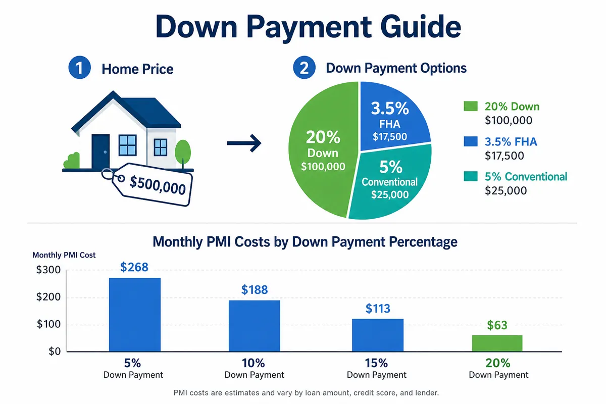 Down payment guide infographic comparing 3.5%, 5%, 10%, 15%, and 20% down payment scenarios with PMI costs and monthly payment differences