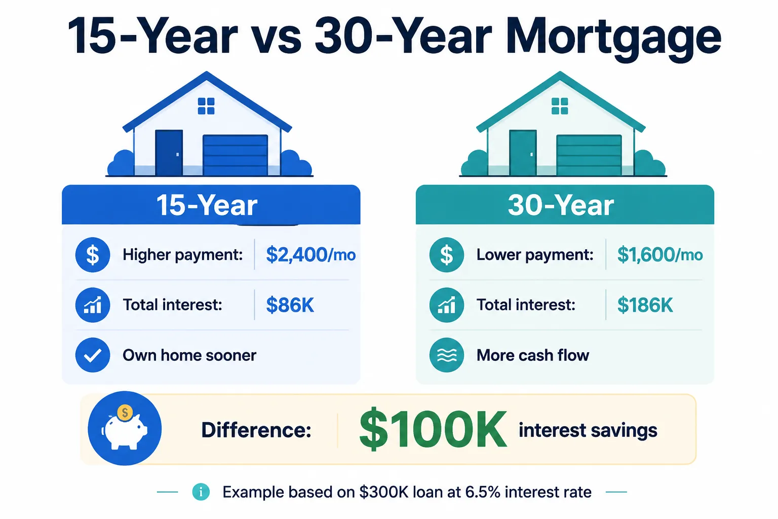 Infographic comparing 15-year and 30-year mortgages on a $350,000 loan: $2,991 vs $2,224 monthly payments, $188,461 vs $450,553 in total interest, and $262,092 in lifetime savings with the shorter term