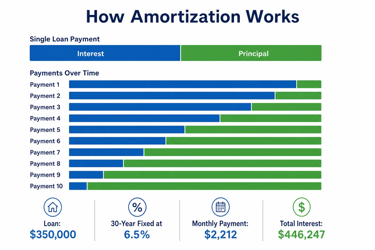 Infographic showing how amortization works: a $350,000 loan at 6.5% over 30 years with monthly payment of $2,212 and total interest of $446,247, with bars showing the interest-to-principal shift over time