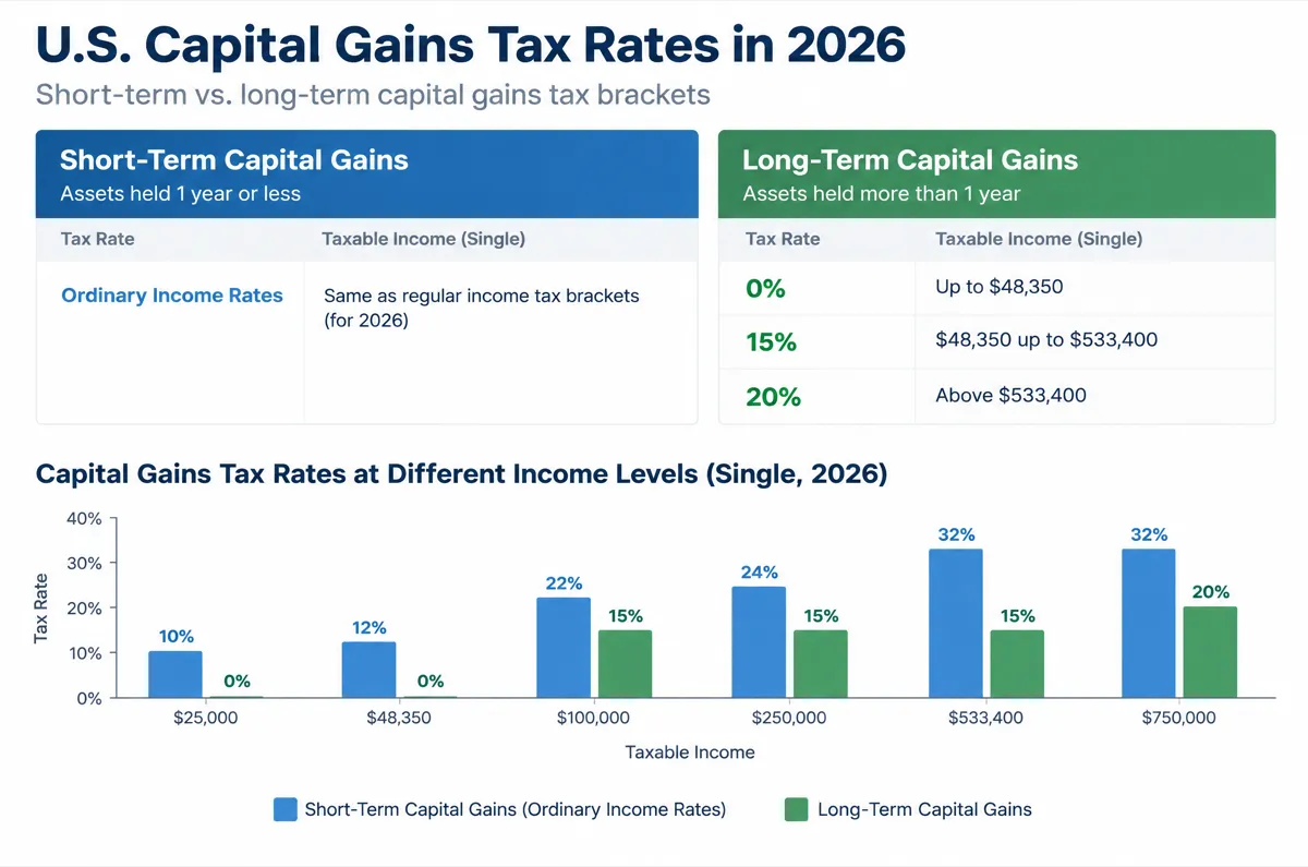 Capital gains tax rates infographic showing 2026 short-term and long-term tax brackets for single filers and married filing jointly
