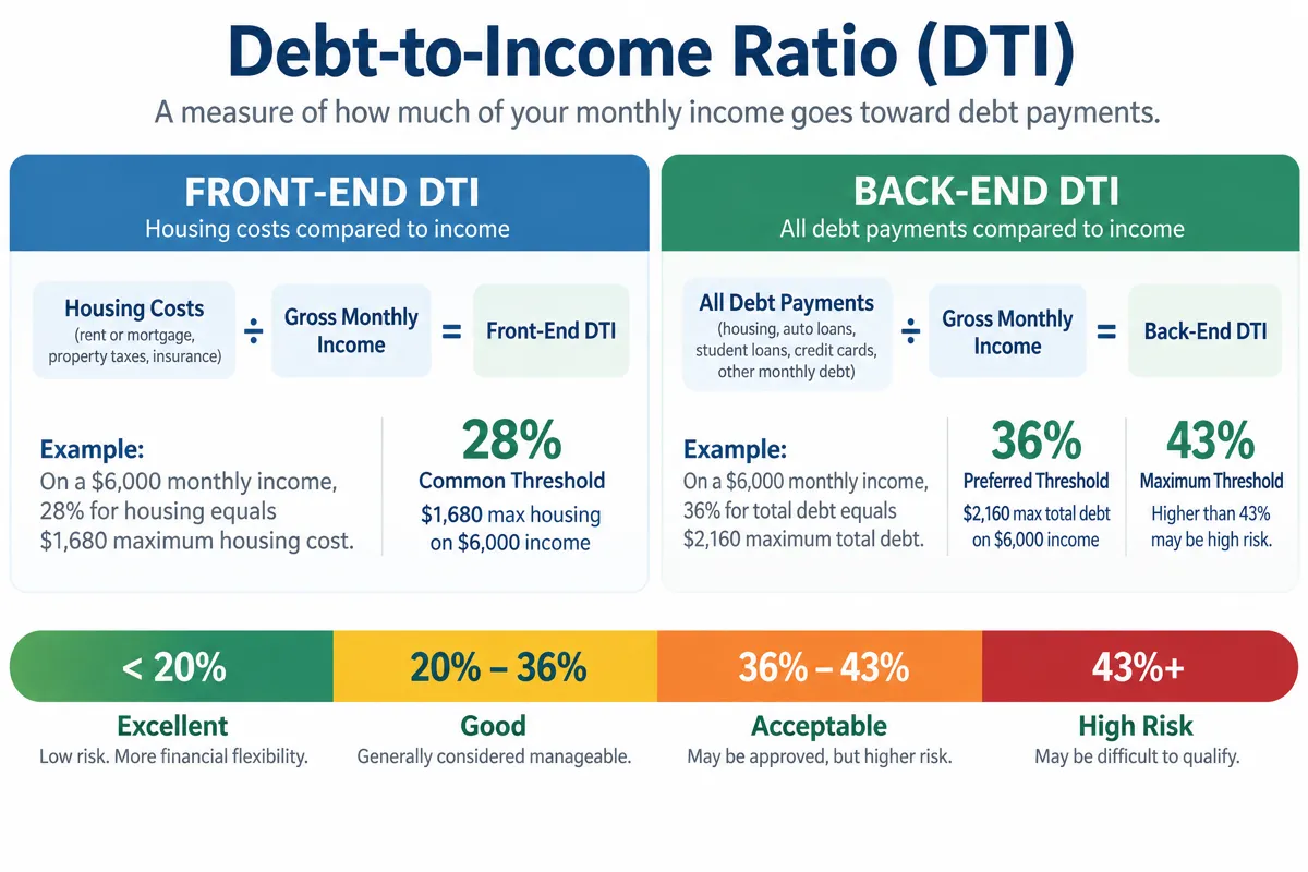 Infographic explaining front-end and back-end debt-to-income ratios with threshold scales from excellent to high risk, showing maximum housing and total debt amounts at different income levels
