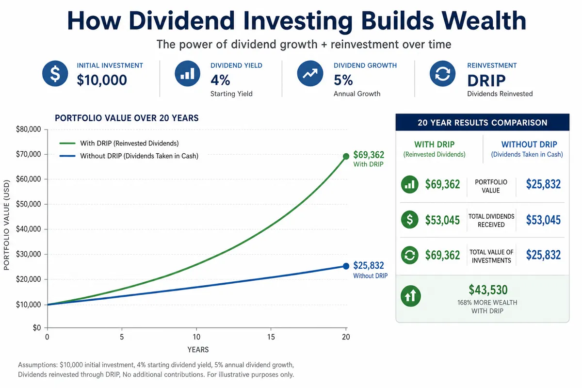 Dividend investing infographic showing how an initial investment grows through dividend reinvestment over 20 years with DRIP compounding