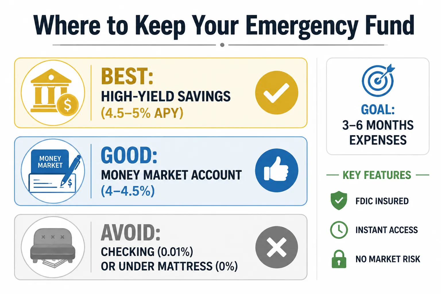 Infographic comparing emergency fund account types by APY, liquidity, and FDIC insurance, with a high-yield savings account highlighted as the best option at 4.5-5.0% APY