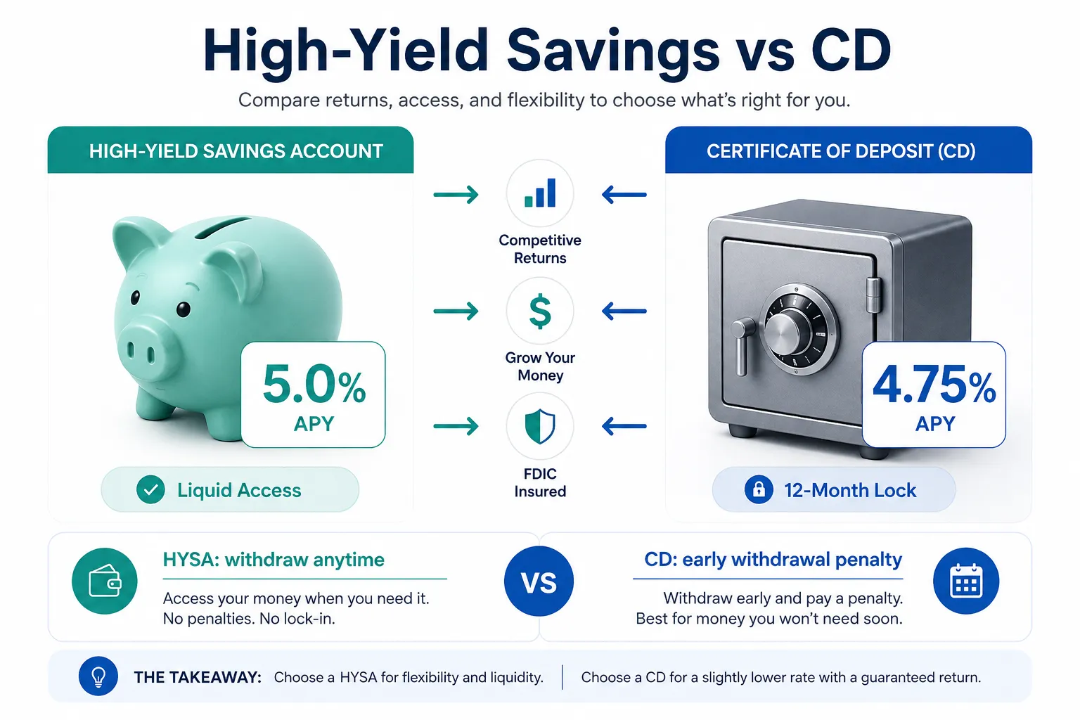 Infographic comparing high-yield savings accounts and CDs: HYSA offers 4.5-5.0% APY with flexible access, CD offers 4.8-5.2% APY with rate lock and fixed term