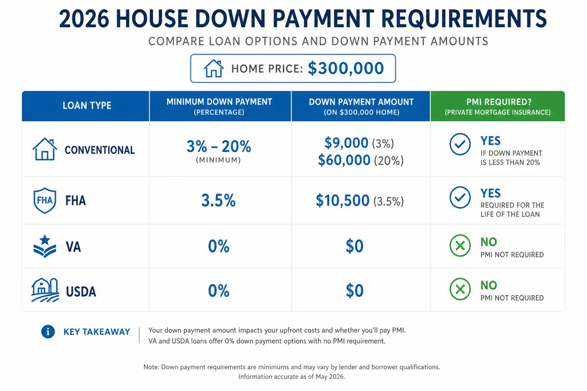 Infographic comparing down payment requirements by loan type: Conventional 3-20%, FHA 3.5%, VA 0%, USDA 0%, with dollar amounts on a $400,000 home and PMI cost indicators