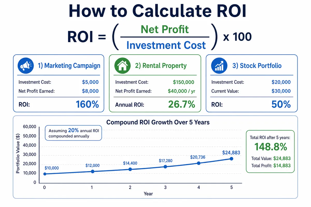 Infographic showing the ROI formula, three example calculations for marketing, rental property, and stocks, and a compound ROI growth curve over 5 years