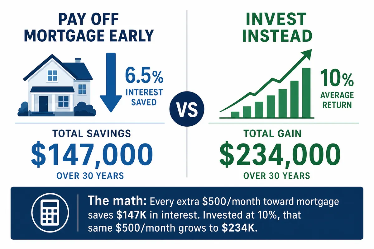 Infographic comparing paying off a mortgage early versus investing: mortgage payoff saves $147,000 in interest at 6.5%, while investing the same $500/month at 10% grows to $234,000 over 30 years