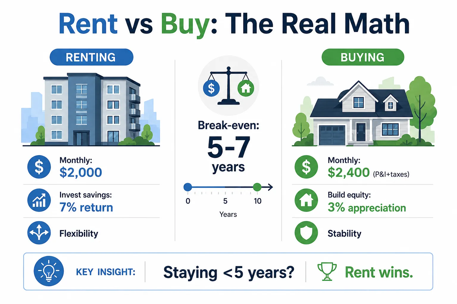 Infographic comparing rent vs buy in 2026: $2,200 monthly rent versus $3,054 true monthly cost of owning a $380,000 home, with a 5 to 7 year break-even timeline at 7% mortgage rates