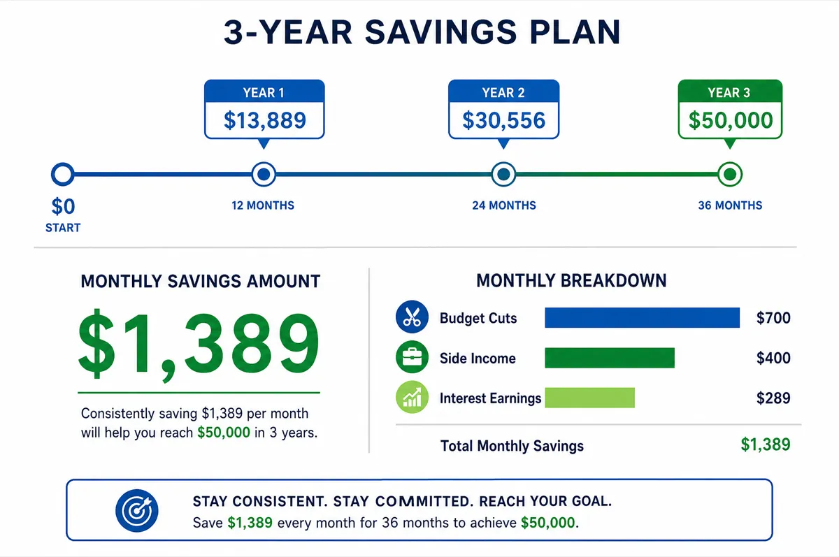 Infographic showing a 3-year savings timeline from $0 to $50,000, with monthly target of $1,389 broken into budget cuts, side income, and interest earnings
