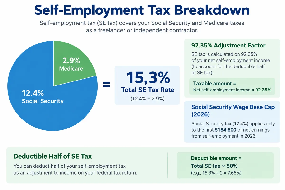 Infographic showing how self-employment tax is calculated for freelancers, including Social Security and Medicare rates and the deductible half