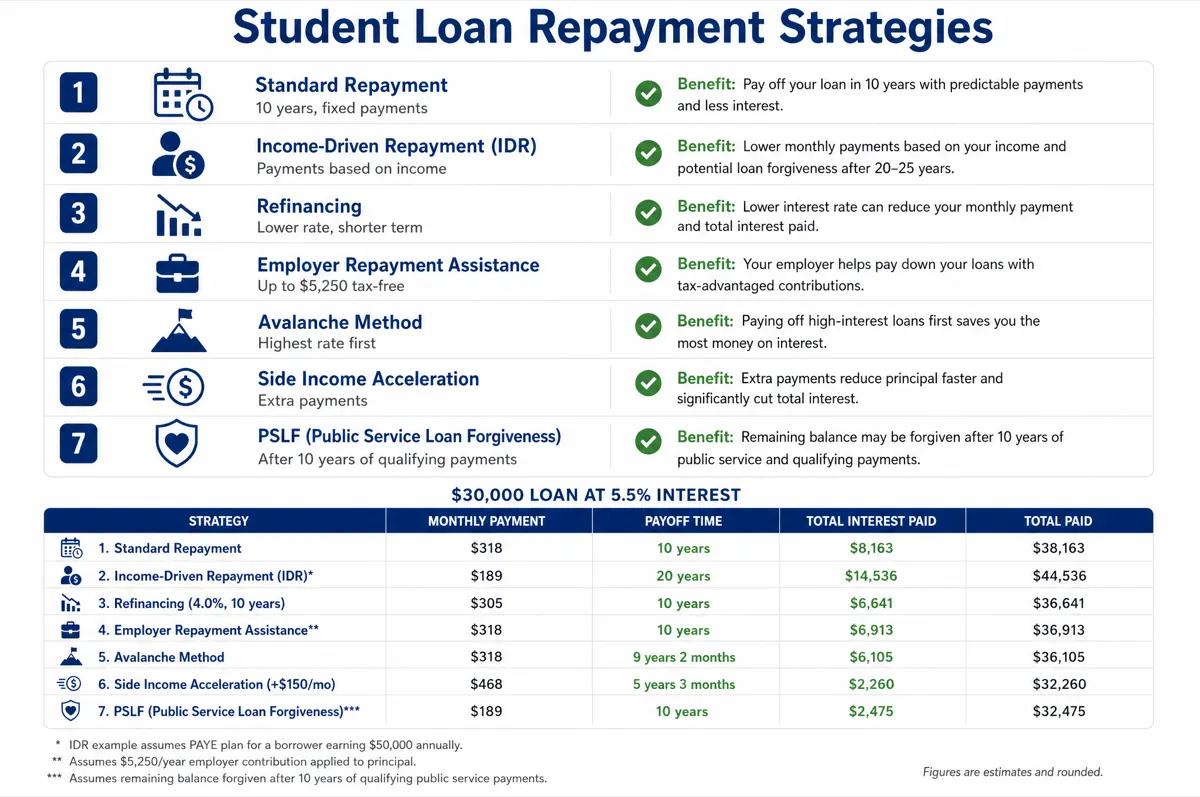 Infographic comparing 7 student loan repayment strategies: standard repayment, income-driven, refinancing, employer assistance, avalanche method, side income acceleration, and PSLF with monthly payment and total interest comparisons