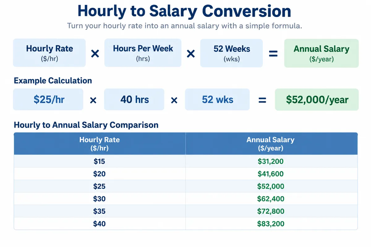 Infographic showing hourly to annual salary conversion formula with example calculations at different hourly rates from $15 to $50