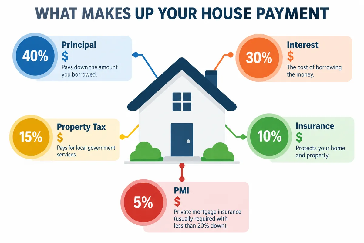 Infographic showing the five components of a monthly house payment: principal, interest, property taxes, insurance, and PMI