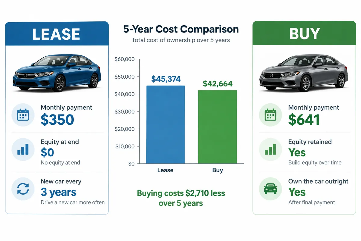 Infographic comparing leasing vs buying a car showing total costs, monthly payments, and equity over a 5-year period