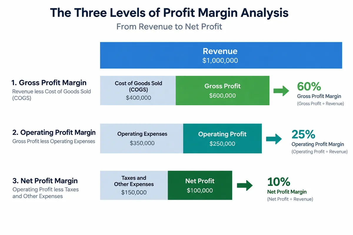 Profit margin infographic showing the relationship between revenue, cost of goods sold, operating expenses, and the three levels of profit margin: gross, operating, and net