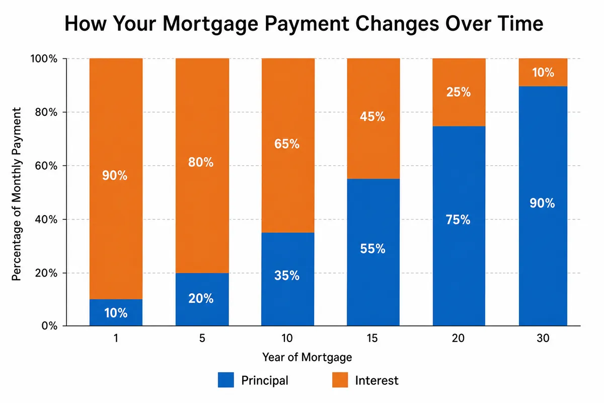 Infographic showing how mortgage payments shift from mostly interest to mostly principal over 30 years