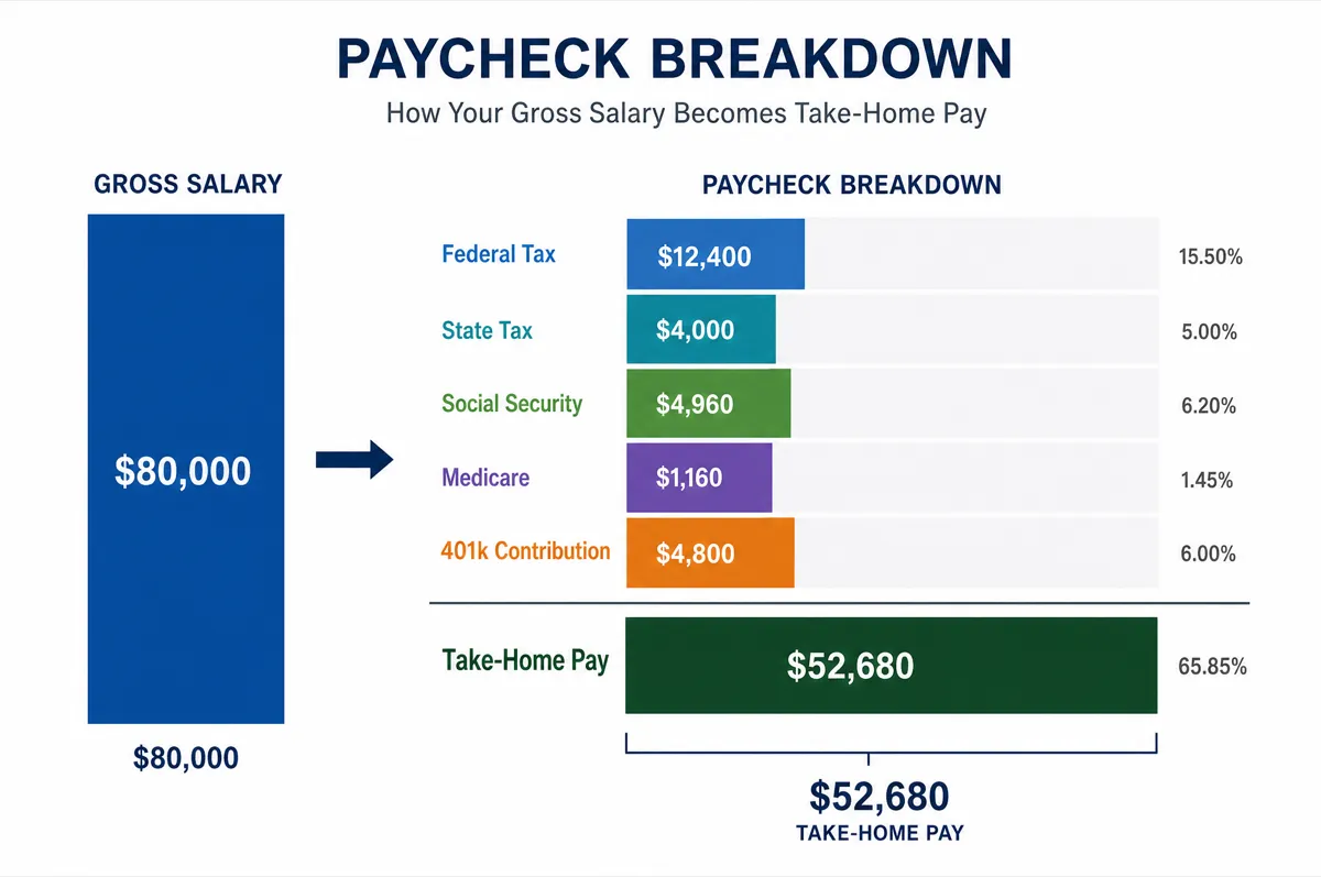 Paycheck breakdown showing how gross salary is split between federal tax, state tax, Social Security, Medicare, 401k contributions, and take-home pay