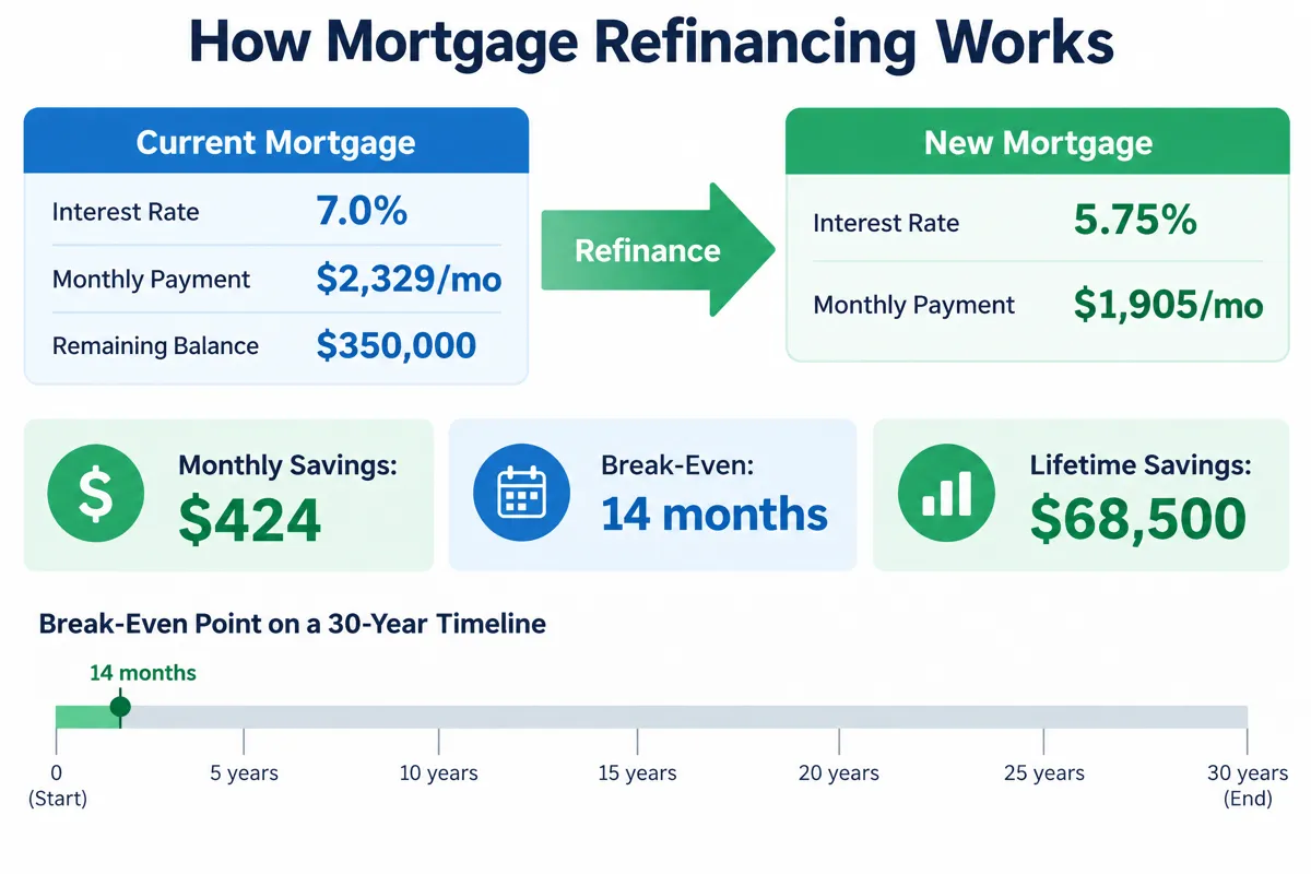 Infographic showing how mortgage refinancing works, comparing old and new loan terms with monthly savings and break-even timeline