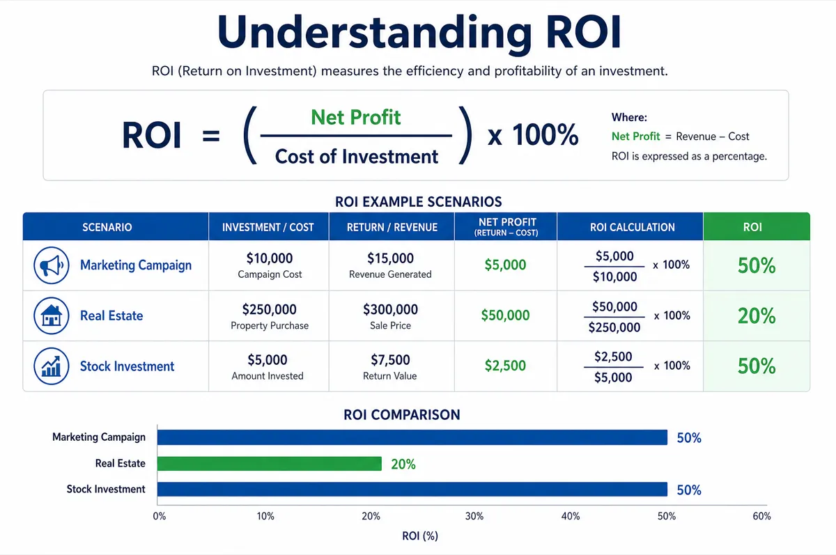 ROI calculation infographic showing the formula, example scenarios for marketing campaigns, real estate, and stock investments with comparative bar chart