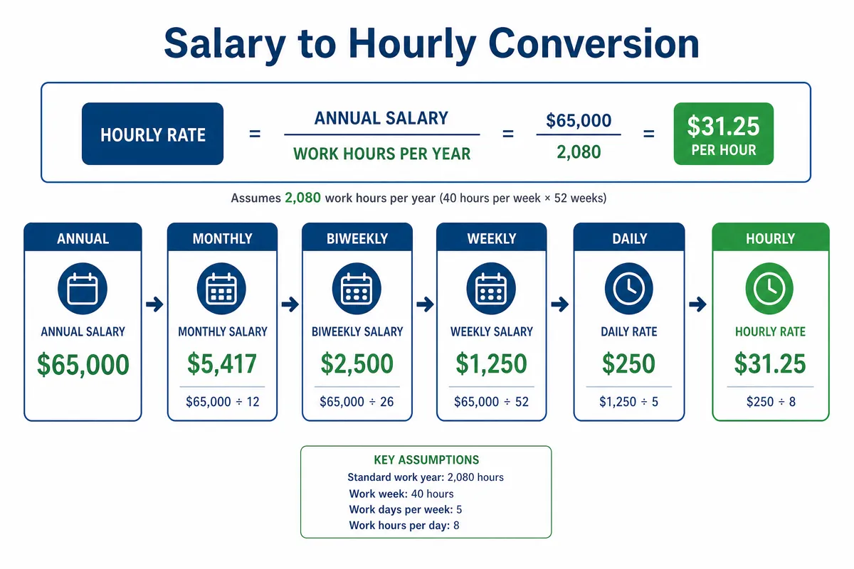Salary to hourly rate conversion infographic showing how a $65,000 annual salary breaks down into monthly, biweekly, weekly, daily, and hourly pay rates