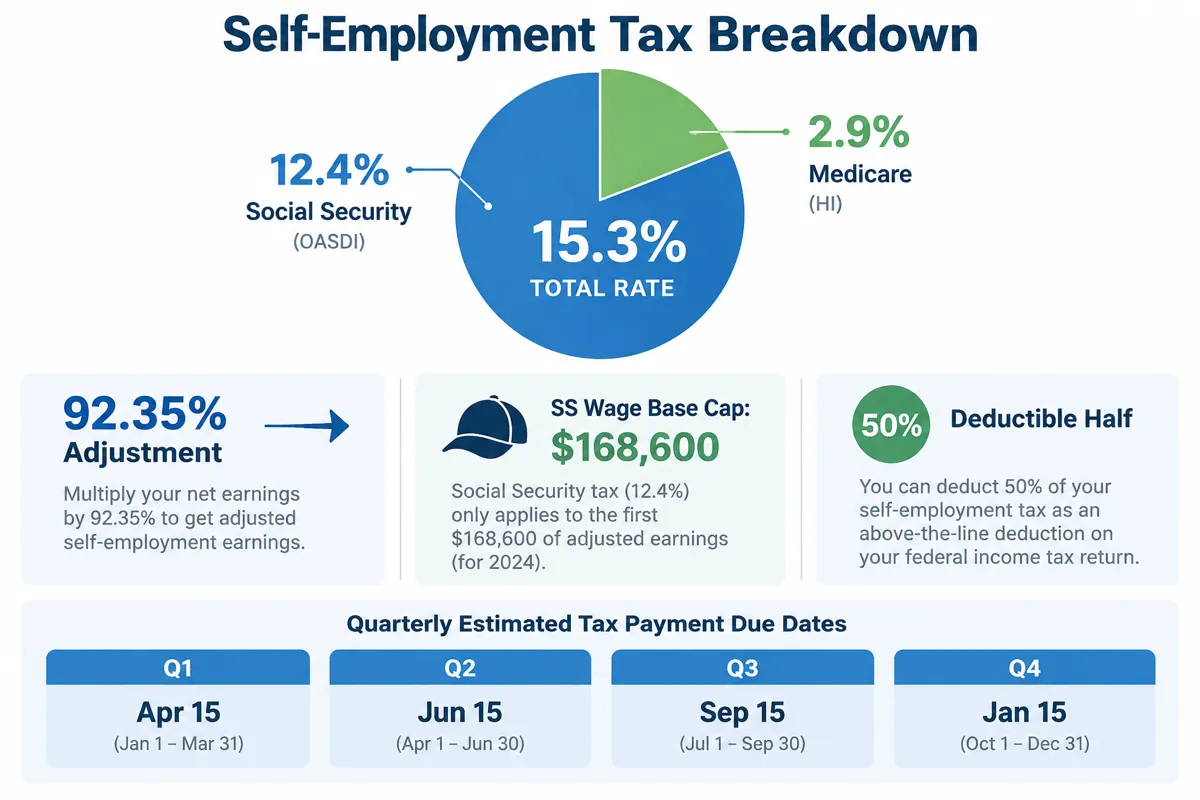 Self-employment tax breakdown showing 15.3% rate split into 12.4% Social Security and 2.9% Medicare with wage base cap and deductible half