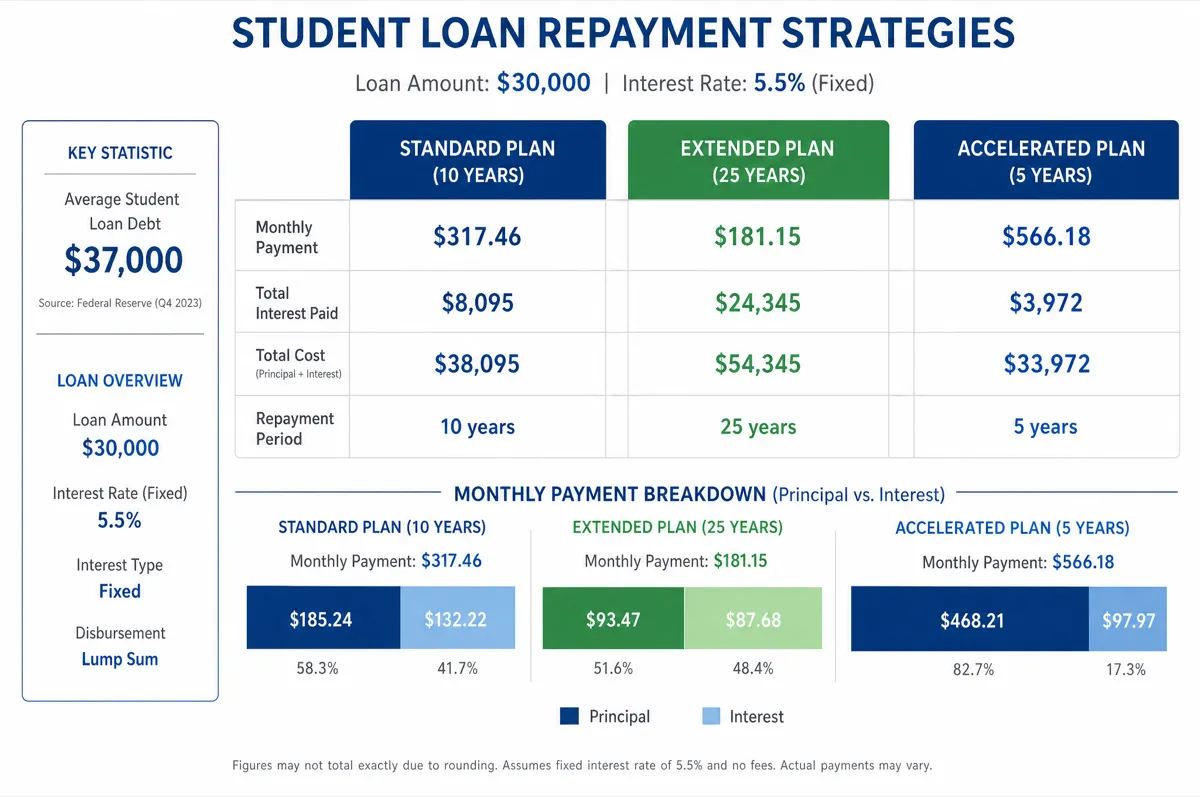 Student loan repayment strategy comparison showing monthly payments, total interest, and payoff timelines for standard, extended, and accelerated plans