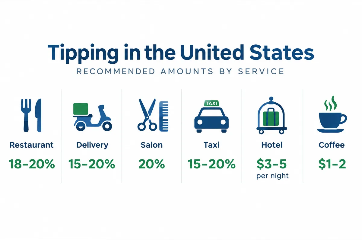 Tipping guide infographic showing recommended tip percentages for restaurants, delivery, salon, and other services in the United States
